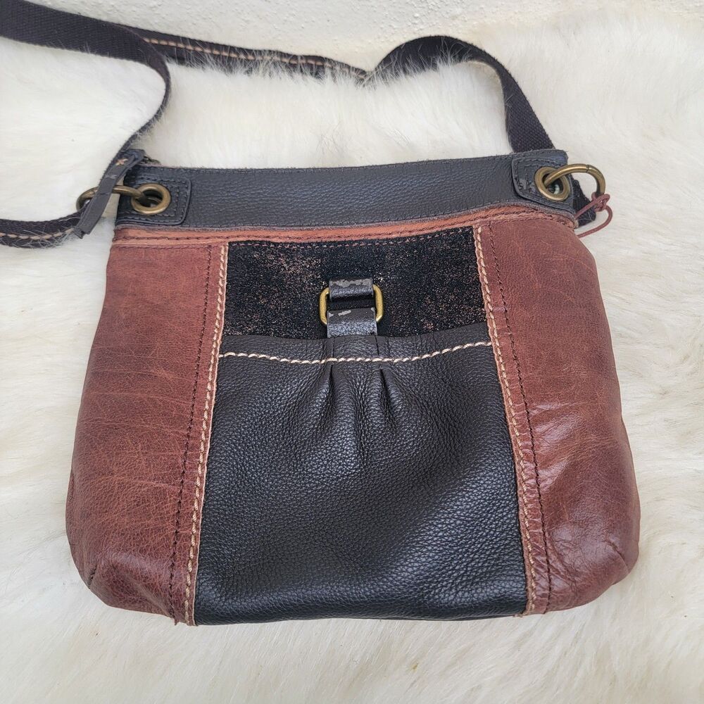 The Sak Leather Crossbody Bag Brown Black Colorblock Boho Pocket Purse